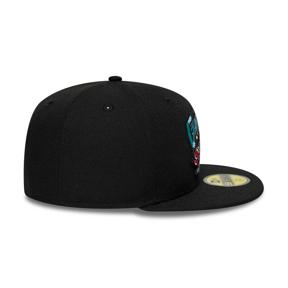 Vancouver Grizzlies NBA Hardwood Classic Black New Era 59FIFTY Fitted Cap, side view showing the teal and red embroidered team logo on the structured black crown, with a flat black visor featuring a gold 59FIFTY size sticker on the top.