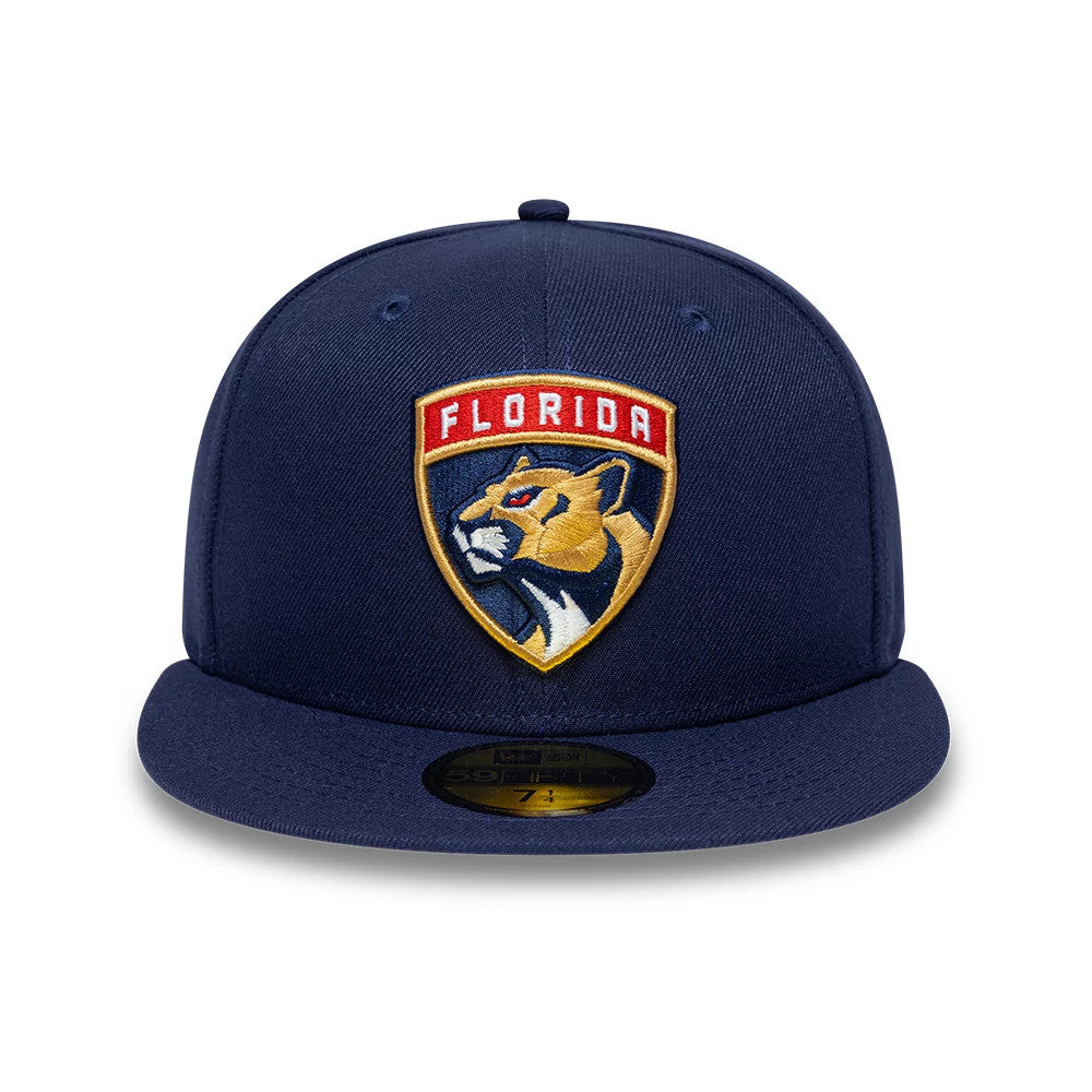 Florida Panthers NHL Navy New Era 59FIFTY Fitted Cap, front view showing the raised embroidered team logo on the structured navy crown, with the yellow panther and red banner detail, complemented by a flat navy visor with a gold 59FIFTY size sticker.