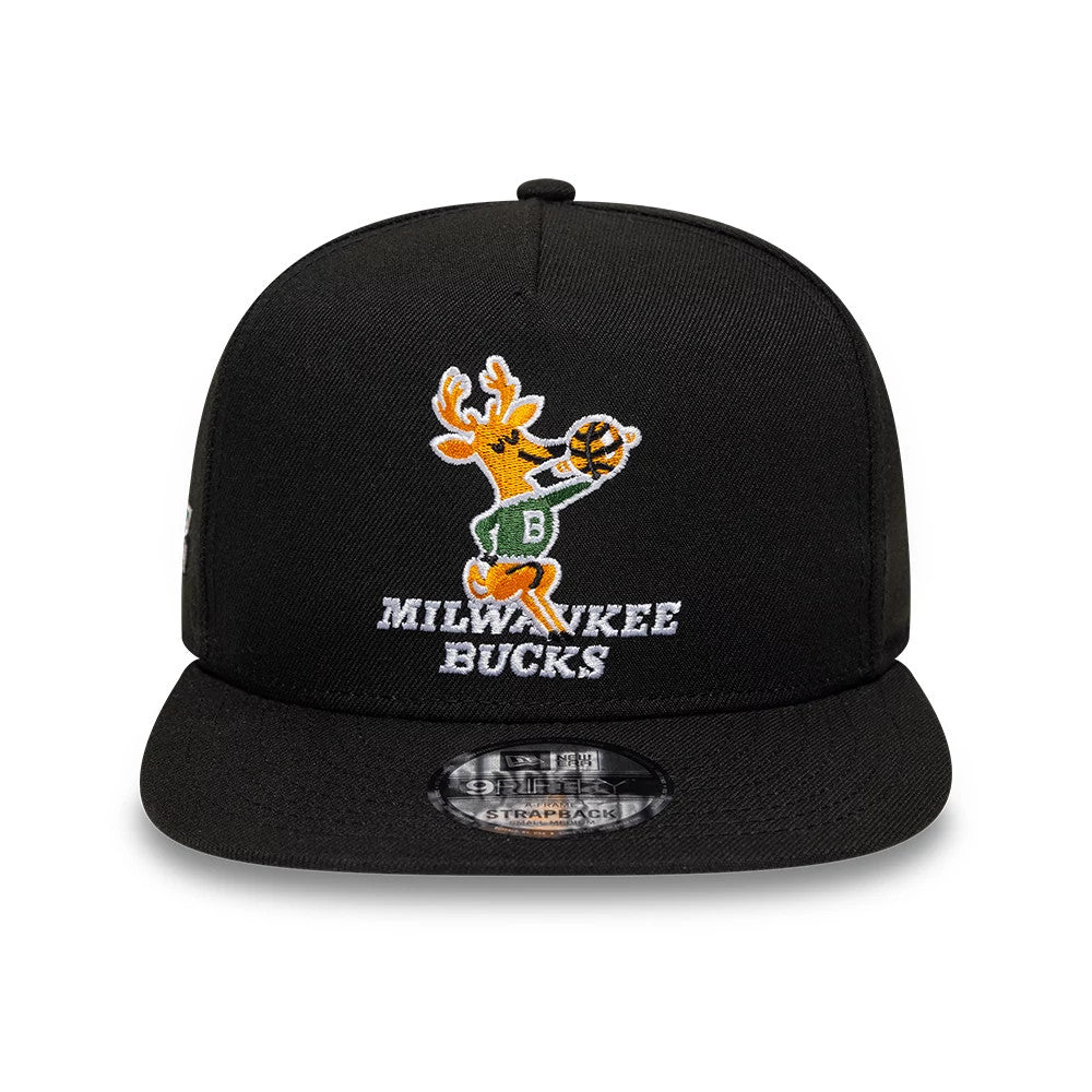 Bucks NBA Hardwood Classic Black New Era 9FIFTY A-Frame Snapback Adjustable Cap, front view showing the embroidered Milwaukee Bucks logo in yellow and green with white lettering on the front panel, paired with a black flat visor.