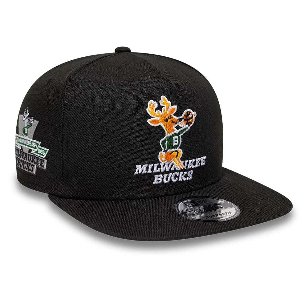 Pictured is this NBA Hardwood Classic Milwaukee Bucks 9FIFTY A-Frame Snapback cap in black. 1