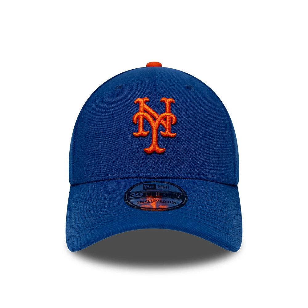 New York Mets MLB Classic Blue New Era 39THIRTY Stretch Fit Cap, front view showing the raised orange NY logo embroidered on the blue front panel, complemented by matching blue eyelets and visor, with a 39THIRTY size sticker on the visor.