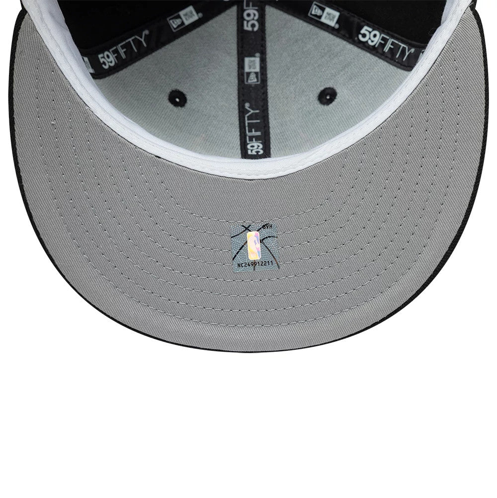 Bulls NBA Hardwood Classic Windy City Black New Era 59FIFTY Fitted Cap, inside view showing the grey undervisor with a grey and pink sticker, black taping with white New Era and 59FIFTY logos, and a light grey sweatband.