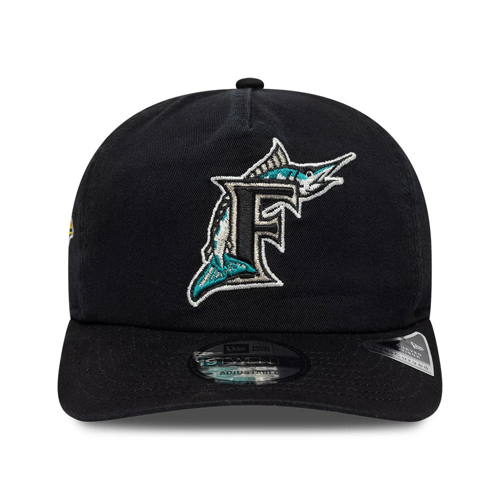 Miami Marlins MLB Championship Black New Era 19TWENTY Adjustable Cap, front view showing a prominent teal and silver embroidered letter F logo on the structured black crown, with a flat black visor and a 19TWENTY size sticker on the visor.