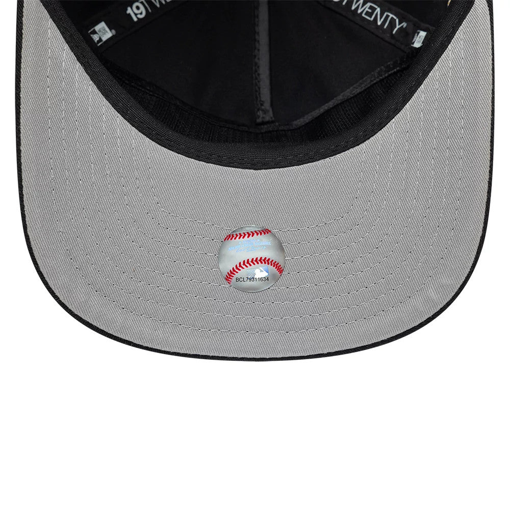 Miami Marlins MLB Championship Black New Era 19TWENTY Adjustable Cap, inside view showing the grey undervisor with a decorative button resembling a baseball, black taping along the seams, and 19TWENTY branding on the inner band.