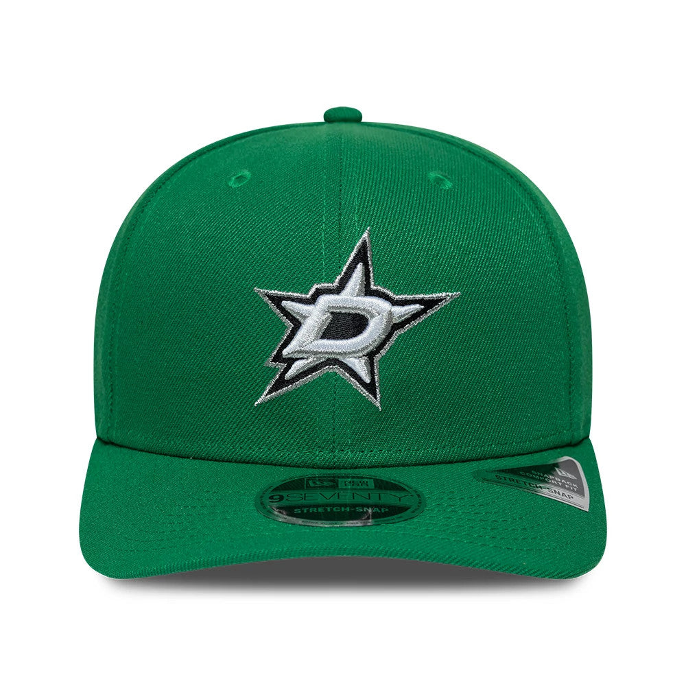 Dallas Stars NHL Team Green New Era 9SEVENTY Stretch Snap Adjustable Cap, front view showing the raised silver and black embroidered star logo on the front panel, with a curved green visor and a 9SEVENTY size sticker.