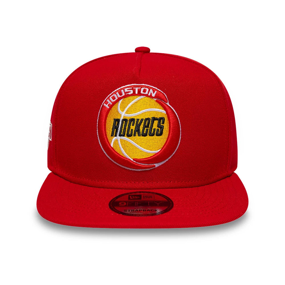 Houston Rockets NBA Hardwood Classic Red New Era 9FIFTY A-Frame Snapback Adjustable Cap, front view showing the raised embroidered Rockets logo in red, yellow, and black on the centre front panel, with a matching red flat visor.