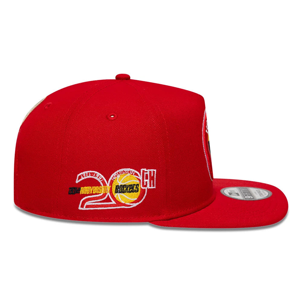 Houston Rockets NBA Hardwood Classic Red New Era 9FIFTY A-Frame Snapback Adjustable Cap, side view showing the embroidered 20th Anniversary logo with red, black and yellow details on the structured red crown.