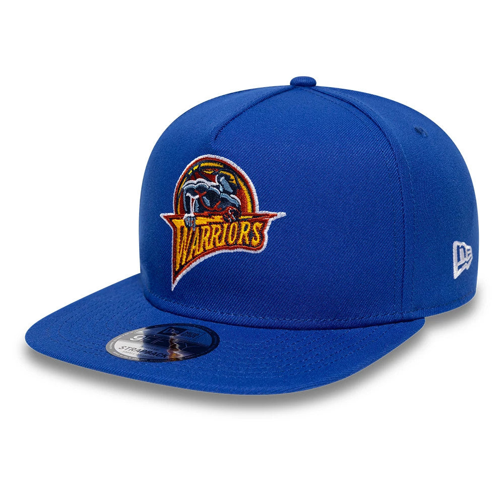 Golden State Warriors NBA Hardwood Classic Blue New Era 9FIFTY A-Frame Snapback Adjustable Cap, three-quarter view showing a embroidered Warriors logo on the front panel, structured blue crown and visor, and New Era flag logo on the left side.