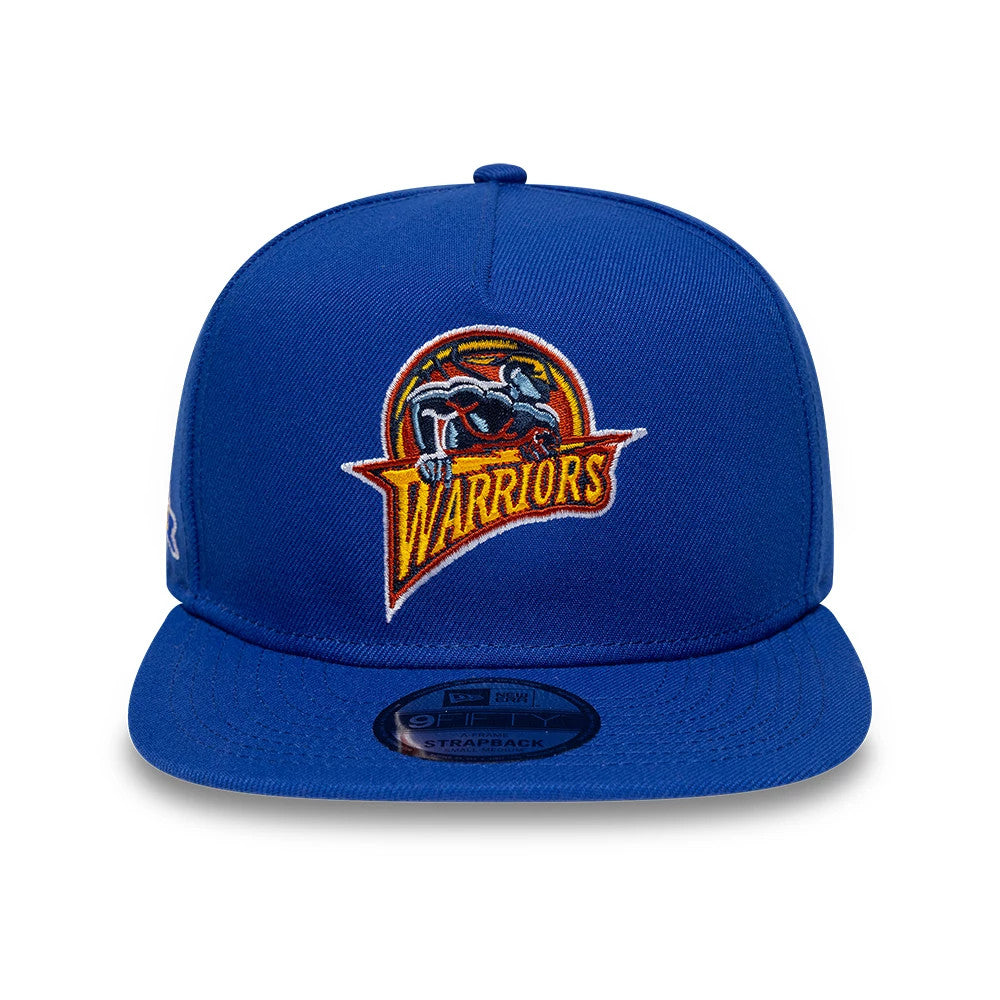 Golden State Warriors NBA Hardwood Classic Blue New Era 9FIFTY A-Frame Snapback Adjustable Cap, front view showing the multicoloured embroidered Warriors logo on the front panel, blue structured crown.