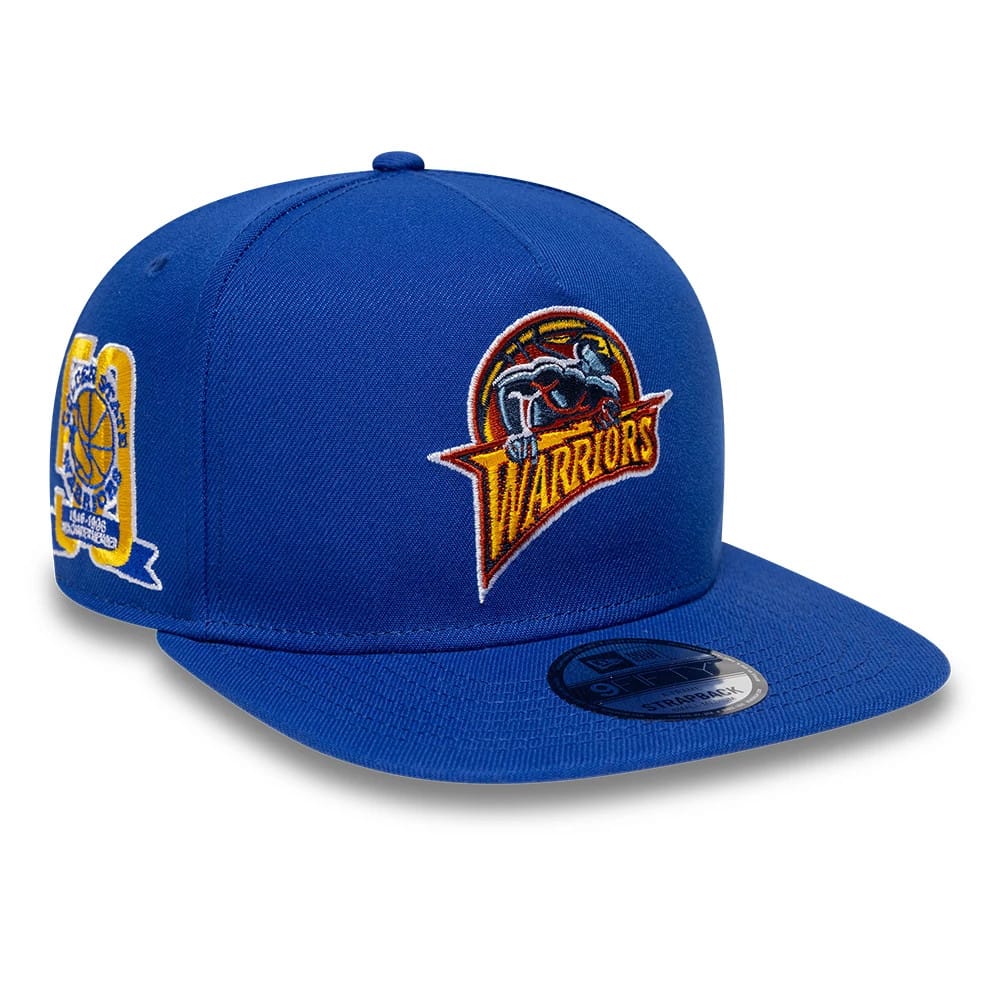 Pictured is this NBA Hardwood Classic Golden State Warriors 9FIFTY A-Frame Snapback cap in blue. 1
