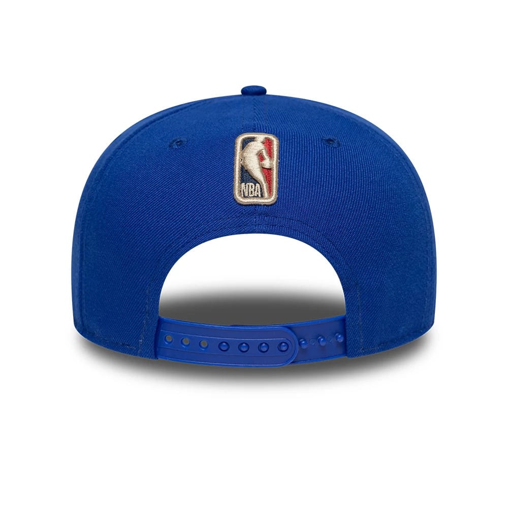 Golden State Warriors NBA Hardwood Classic Blue New Era 9FIFTY A-Frame Snapback Adjustable Cap, rear view showing the embroidered NBA logo centred on the back panels, featuring a structured blue crown and an adjustable snapback closure.