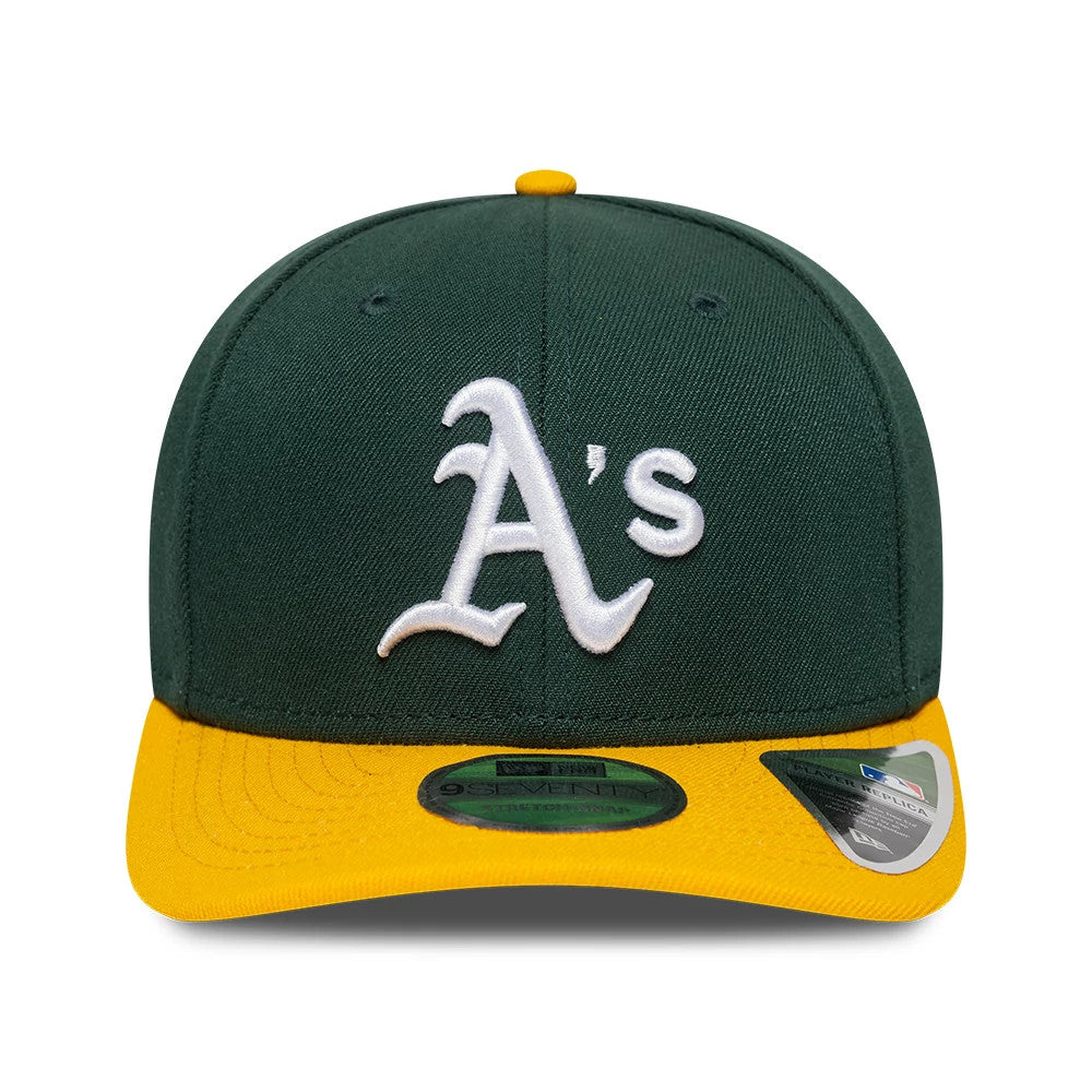 Pictured is this MLB Player Replica Athletics 9SEVENTY Stretch Snap cap in dark green. 2