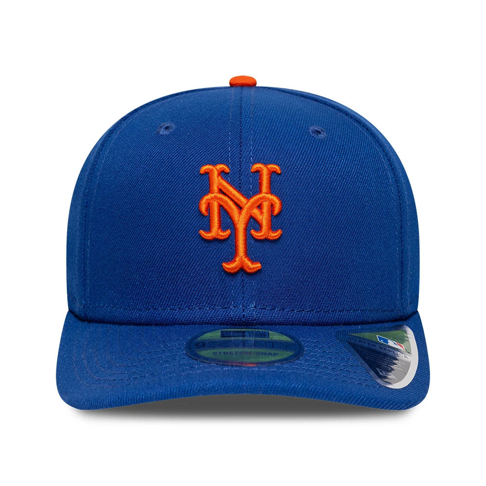 New York Mets MLB Player Replica Blue New Era 9SEVENTY Stretch Snap Adjustable Cap, front view showing the raised orange embroidered New York Mets logo on the blue front panel, with matching blue visor and 9SEVENTY size sticker.