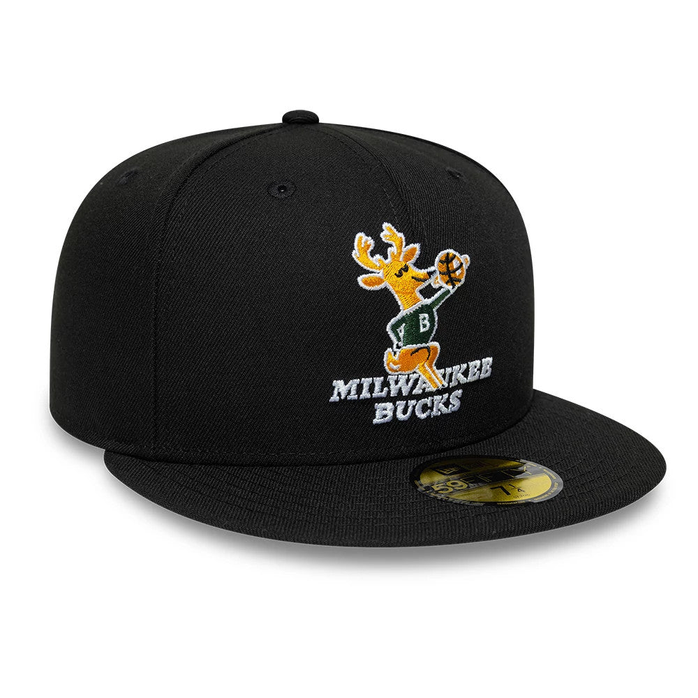 Milwaukee Bucks NBA Hardwood Classic Black New Era 59FIFTY Fitted Cap, three-quarter view showing the yellow and green Bucks logo with raised embroidery on the front panel, black flat visor, and gold 59FIFTY size sticker on top.