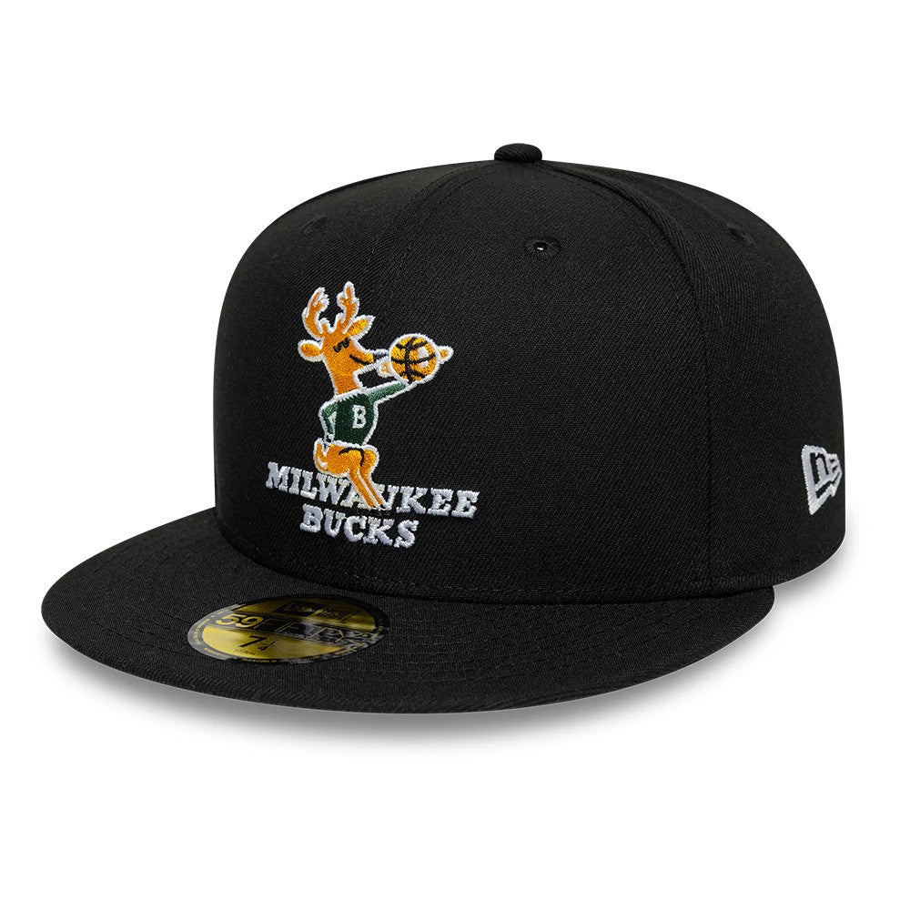 Milwaukee Bucks NBA Hardwood Classic Black New Era 59FIFTY Fitted Cap, front view with the raised embroidered Bucks logo in orange and white on the front panel, black flat visor, and gold 59FIFTY size sticker.