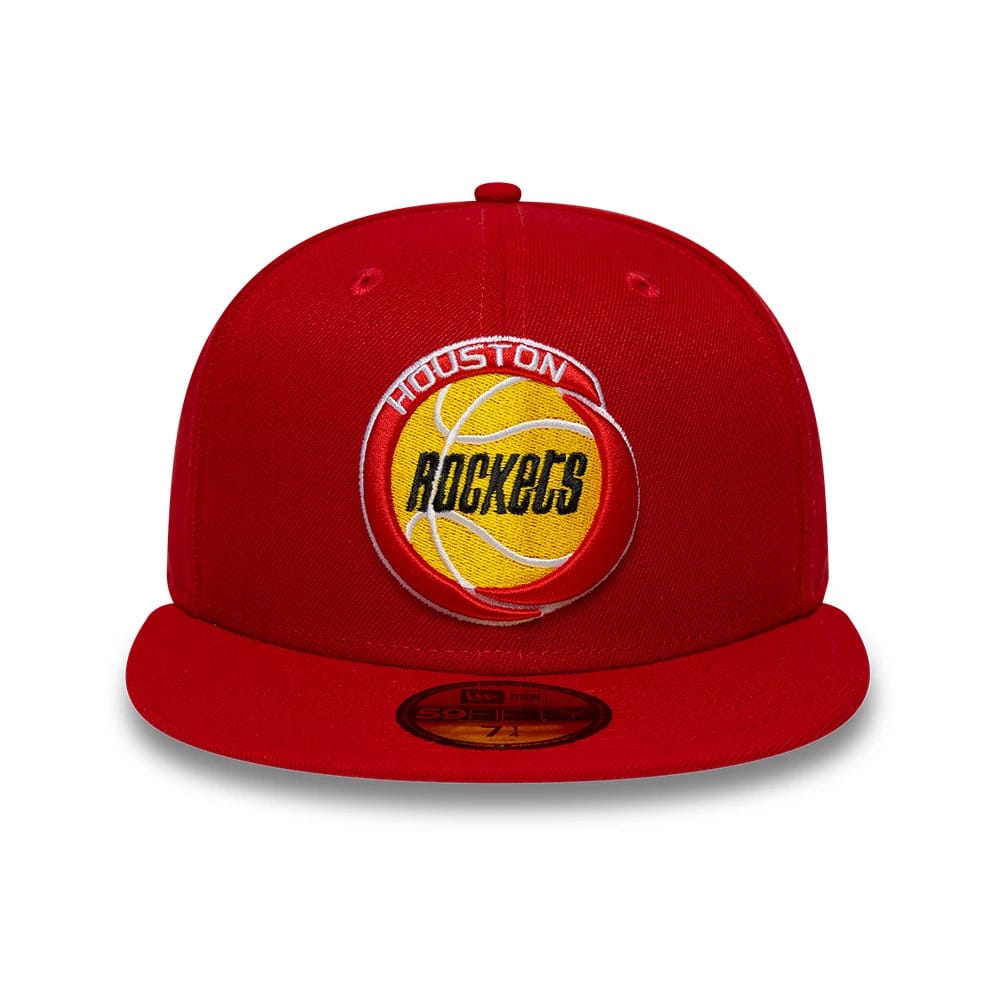 Houston Rockets NBA Hardwood Classic Red New Era 59FIFTY Fitted Cap, front view showing the embroidered team logo with Houston Rockets text and a basketball graphic in red, yellow, and black on the front panel, with a red flat visor.