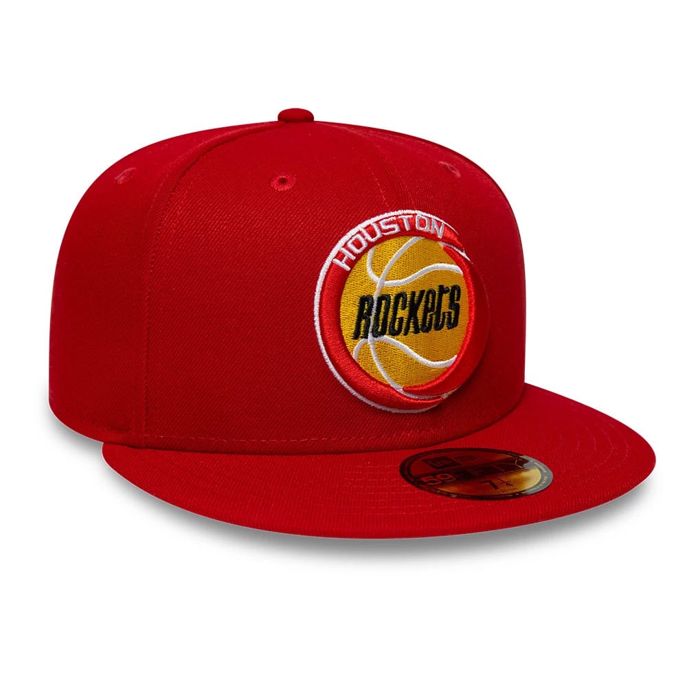 Houston Rockets NBA Hardwood Classic Red New Era 59FIFTY Fitted Cap, three-quarter view showing the embroidered Rockets logo on the front panel, the flat red visor with a gold 59FIFTY size sticker, and the structured red crown.