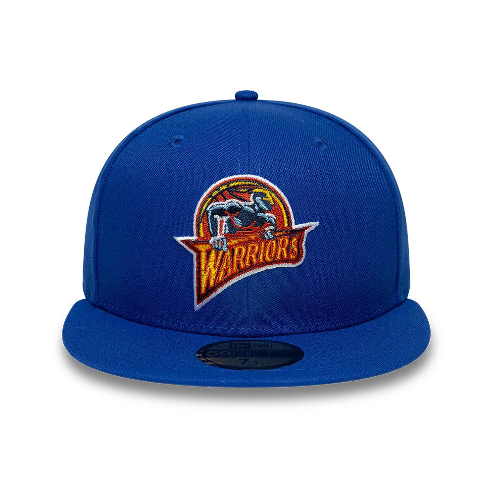 Golden State Warriors NBA Hardwood Classic Blue New Era 59FIFTY Fitted Cap, front view showing the full-colour embroidered Warriors logo with a leaping warrior on the front panel, paired with a matching blue flat visor.