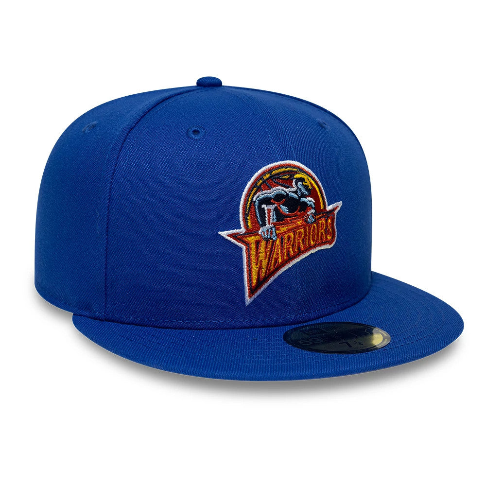 Golden State Warriors NBA Hardwood Classic Blue New Era 59FIFTY Fitted Cap, front view showing the team logo in raised embroidery on the structured blue crown, complemented by a flat blue visor and gold 59FIFTY size sticker.