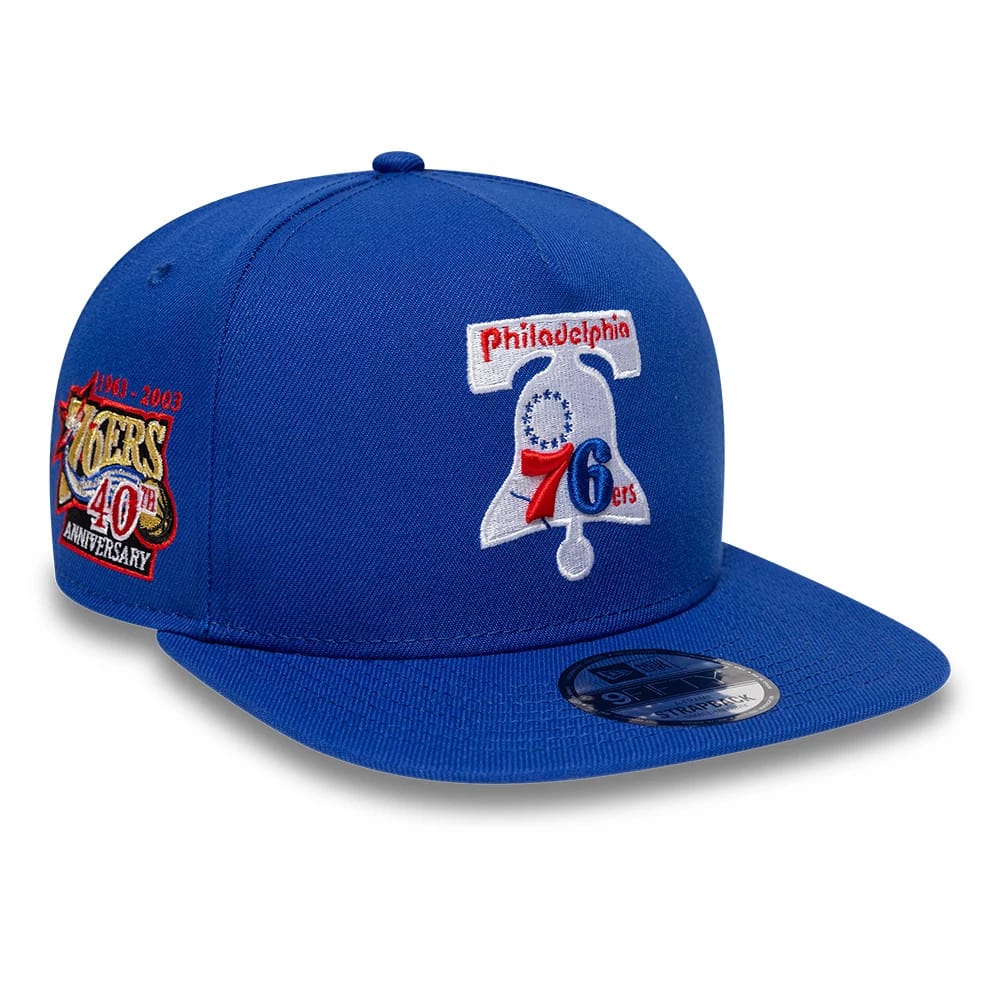 Pictured is this NBA Hardwood Classic Philadelphia 76ers 9FIFTY A-Frame Snapback cap in blue. 1