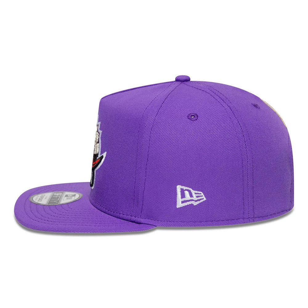 Toronto Raptors NBA Hardwood Classic Bright Purple New Era 9FIFTY A-Frame Snapback Adjustable Cap, side view showing a white embroidered New Era flag logo on the left side, structured bright purple crown.