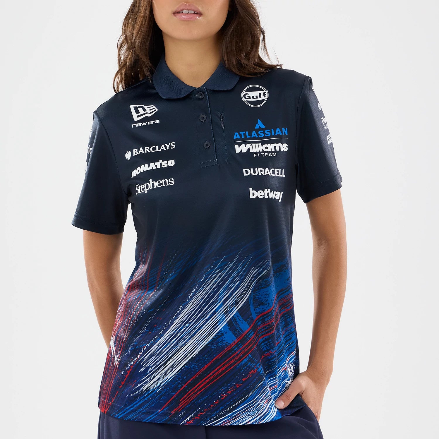 The model is wearing this Womens Williams GB Race Special Tech Polo T-Shirt in navy. 3