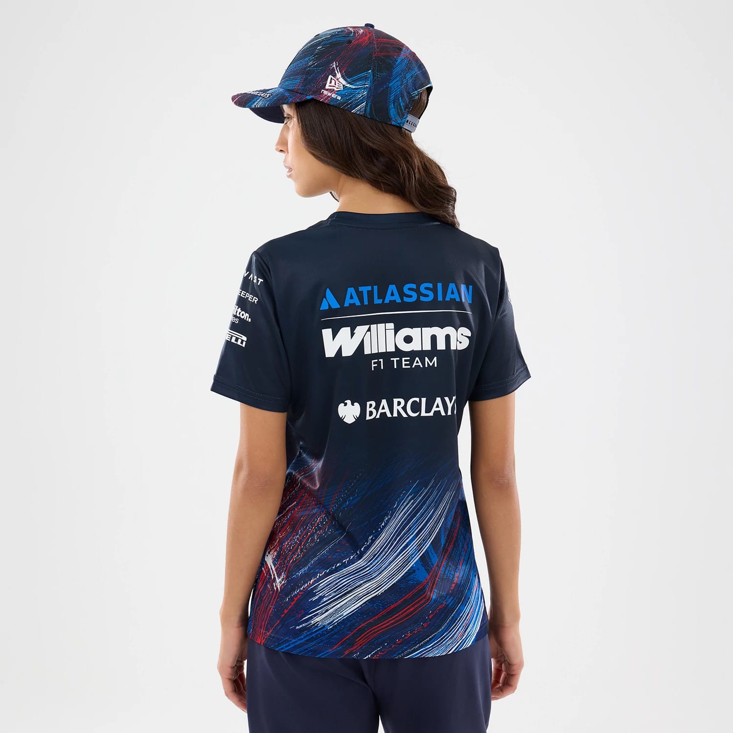 The model is wearing this Womens Williams GB Race Special Tech T-Shirt in navy. 2