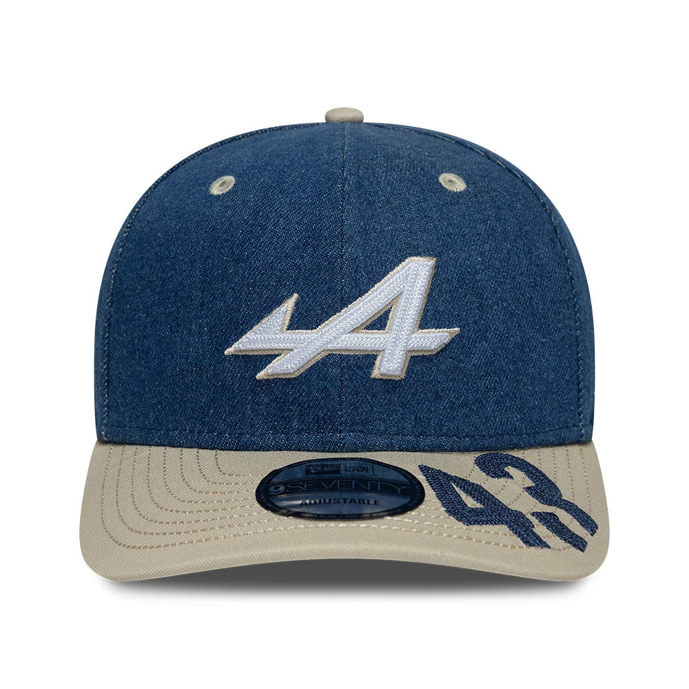 Alpine Racing Austin Race Special Franco Colapinto Navy New Era 9SEVENTY Stretch Snap Adjustable Cap, front view showing the white raised A logo embroidered on the navy front panel, with a beige visor featuring the number 43.