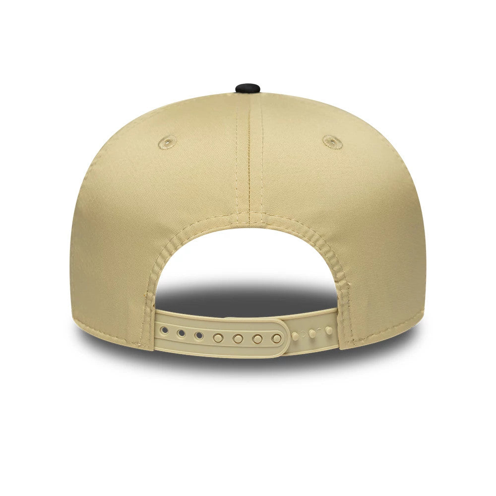 Alpine Racing Latin American Franco Colapinto Light Beige New Era 9SEVENTY Stretch Snap Adjustable Cap, rear view showing a light beige adjustable snap closure, eyelets on the crown, and a contrasting black top button.