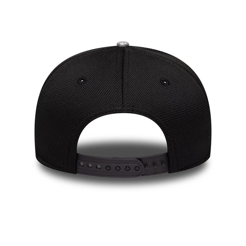 TGR Haas F1 Esteban Ocon Vegas Race Special Black New Era 9SEVENTY Stretch Snap Adjustable Cap, rear view showing a black snap closure, a grey top button and eyelets on the textured black fabric of the cap's structured crown.