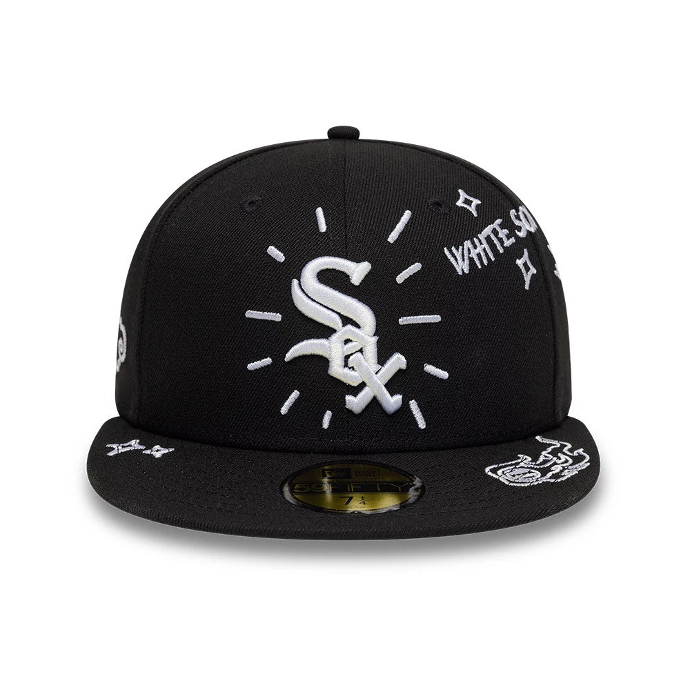 Chicago White Sox MLB Scribble Black New Era 59FIFTY Fitted Cap, front view showing raised white embroidered Sox logo with surround graphics, matching White Sox script on the right front panel, and gold 59FIFTY size sticker on the black flat visor.