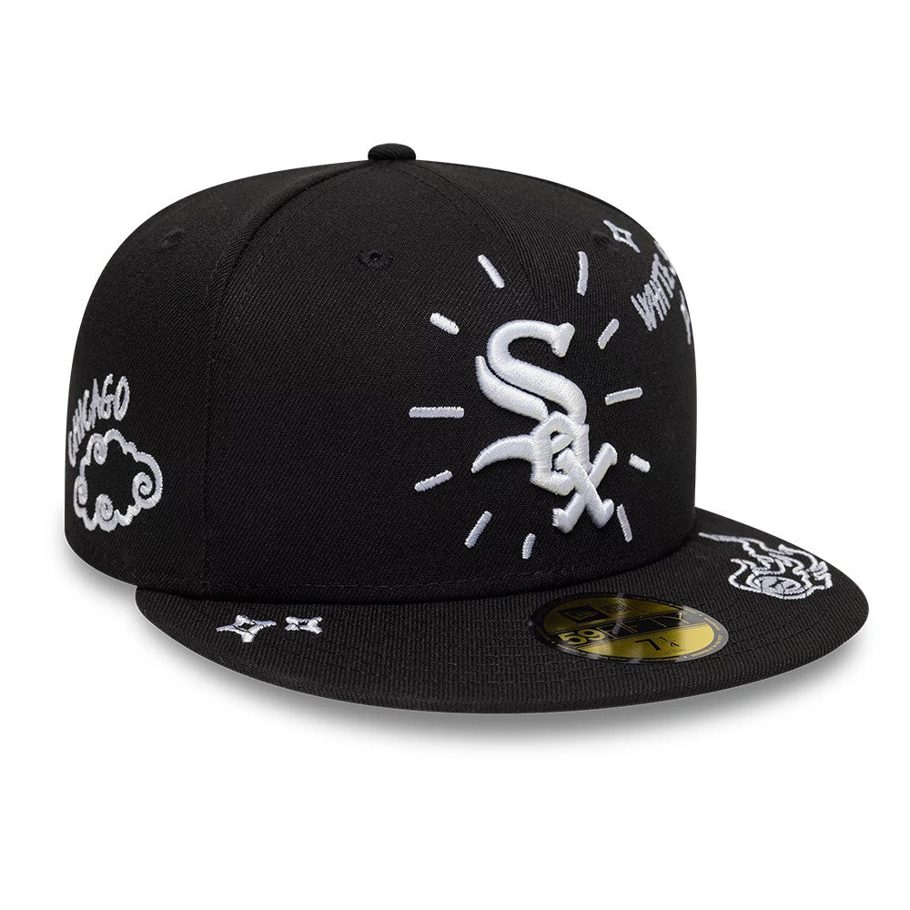 Chicago White Sox MLB Scribble Black New Era 59FIFTY Fitted Cap, three-quarter view showing the raised white Sox logo with sunburst embroidery on the front panel, the embroidered Chicago text on the side.