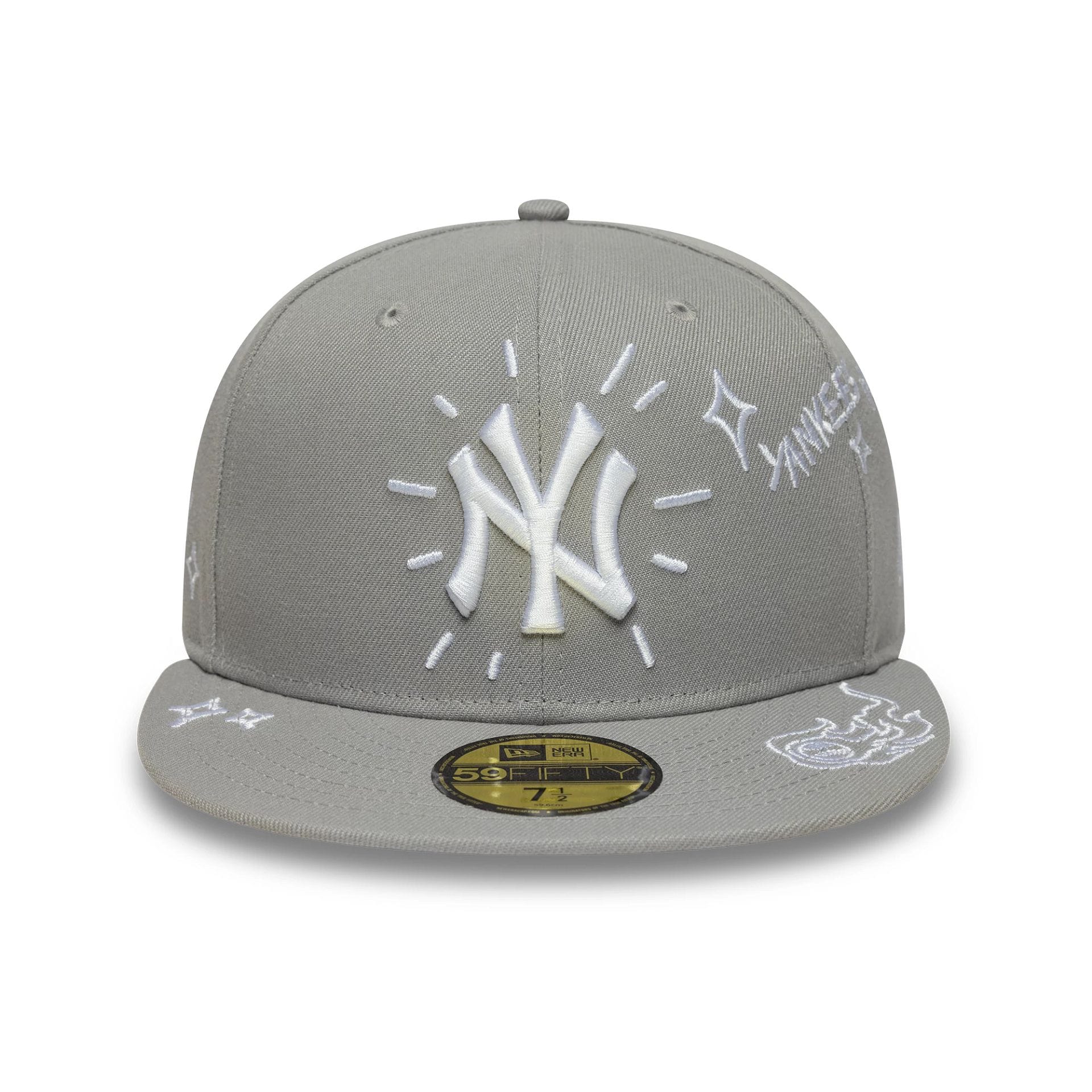 Pictured is this MLB Scribble New York Yankees 59FIFTY Fitted cap in grey. 2