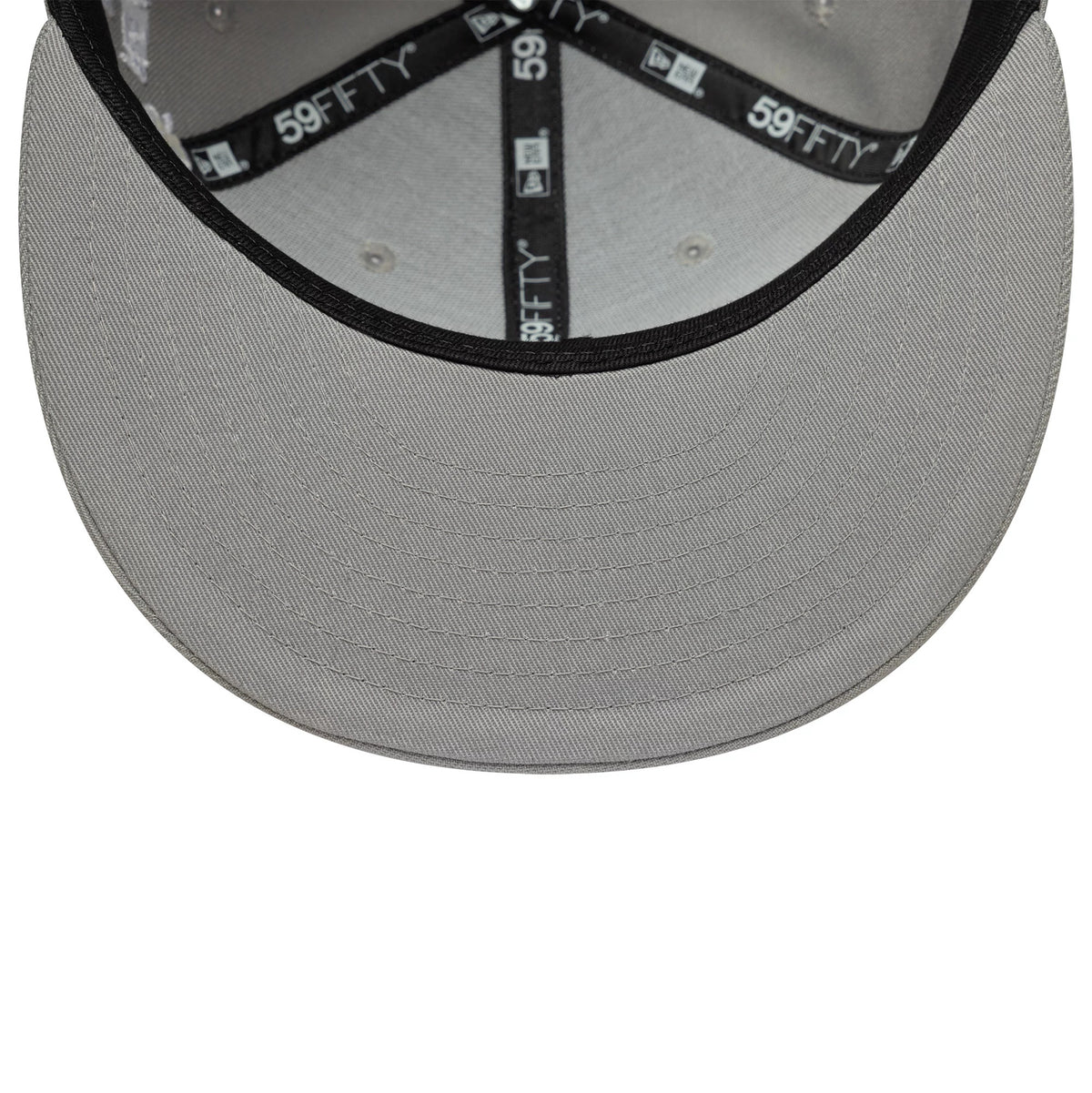 New York Yankees MLB Scribble Grey New Era 59FIFTY Fitted Cap, inside view showing the grey undervisor and black taping with white 59FIFTY and New Era logos, complete with grey eyelets on the structured crown panels.
