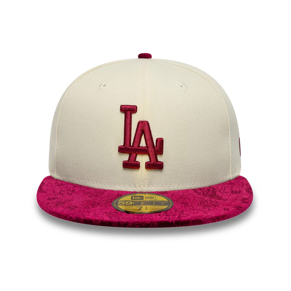 LA Dodgers MLB Paisley Visor Cream New Era 59FIFTY Fitted Cap, front view showing the burgundy raised embroidered LA logo on the structured cream crown, with a textured paisley burgundy visor and a gold 59FIFTY size sticker on top.