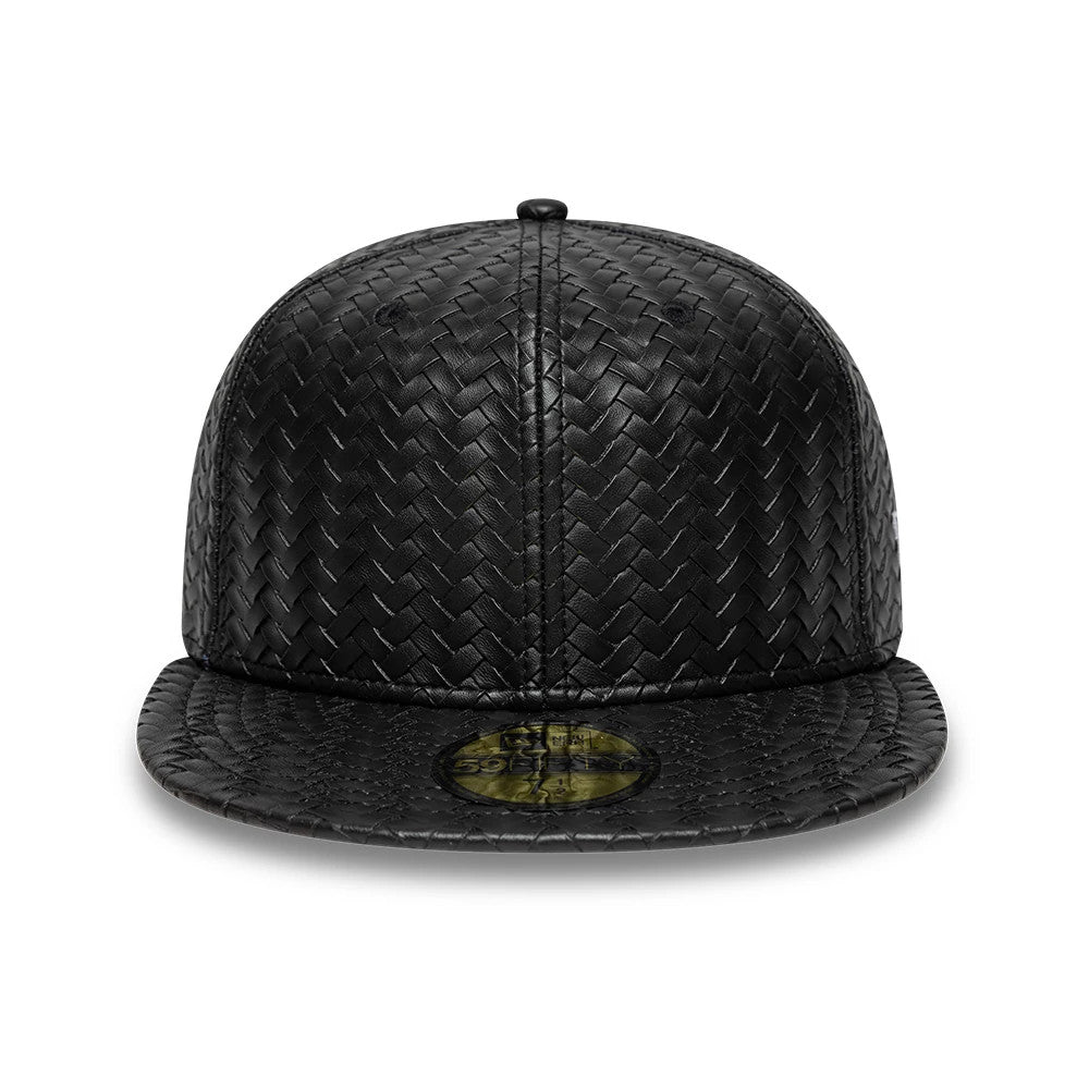 New Era Woven PU Black 59FIFTY Fitted Cap, front view showing a textured woven pattern across the structured crown and flat visor, with a gold 59FIFTY size sticker on the top of the visor and a matching black top button.