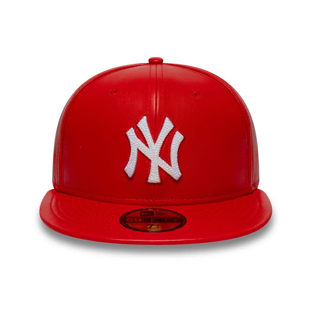 New York Yankees MLB Leather Red New Era 59FIFTY Fitted Cap, front view showing a raised white embroidered Yankees logo on the structured red leather crown, complemented by a red flat visor and a gold 59FIFTY size sticker.