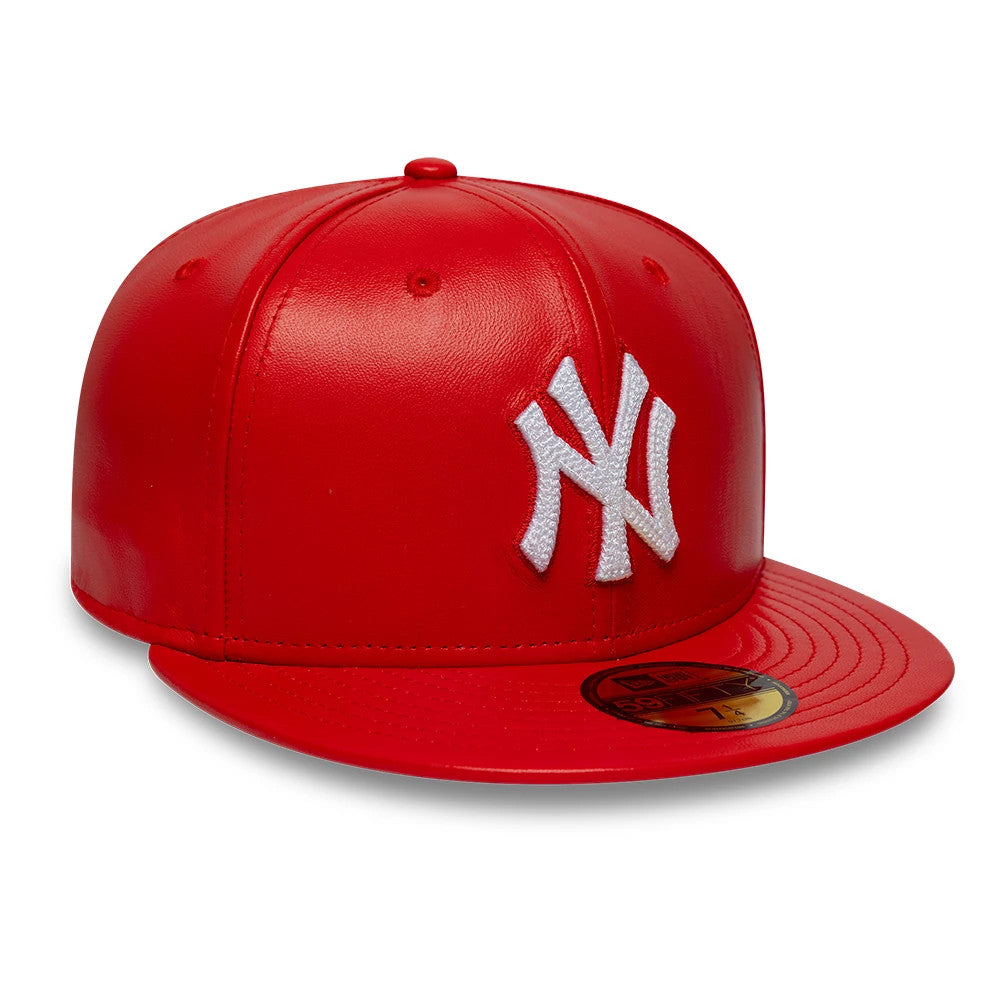 New York Yankees MLB Leather Red New Era 59FIFTY Fitted Cap, front view showing the raised white embroidered NY logo on the structured red leather crown, with a glossy red flat visor and a gold 59FIFTY size sticker on the visor.