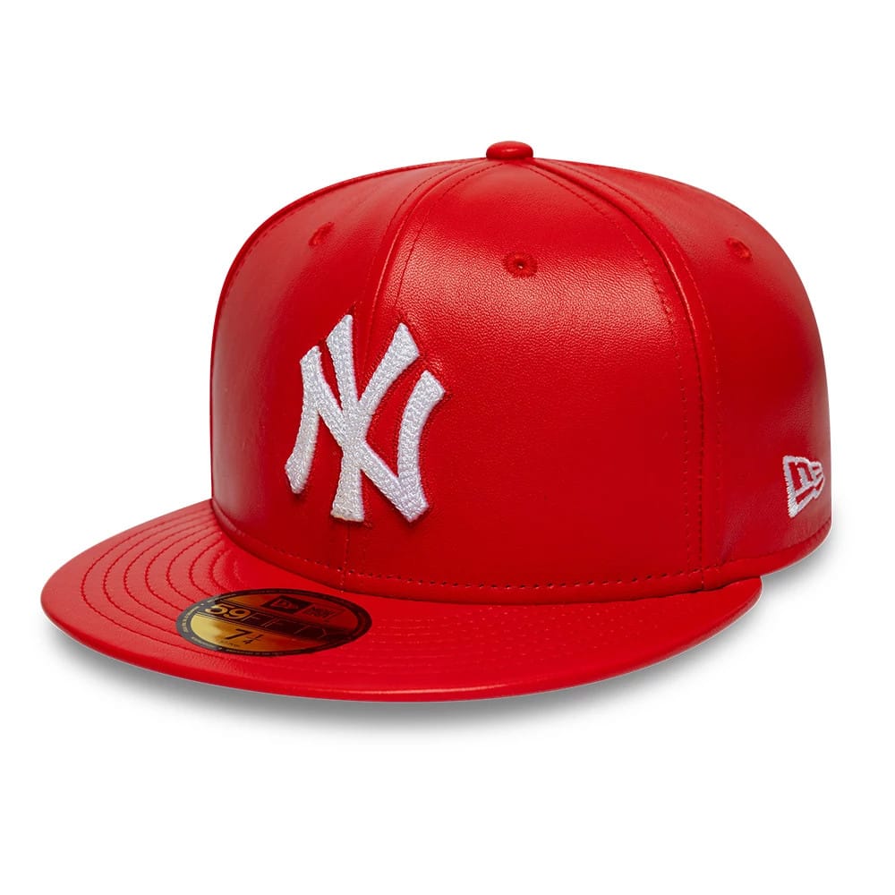 Pictured is this MLB Leather New York Yankees 59FIFTY Fitted cap in red. 1