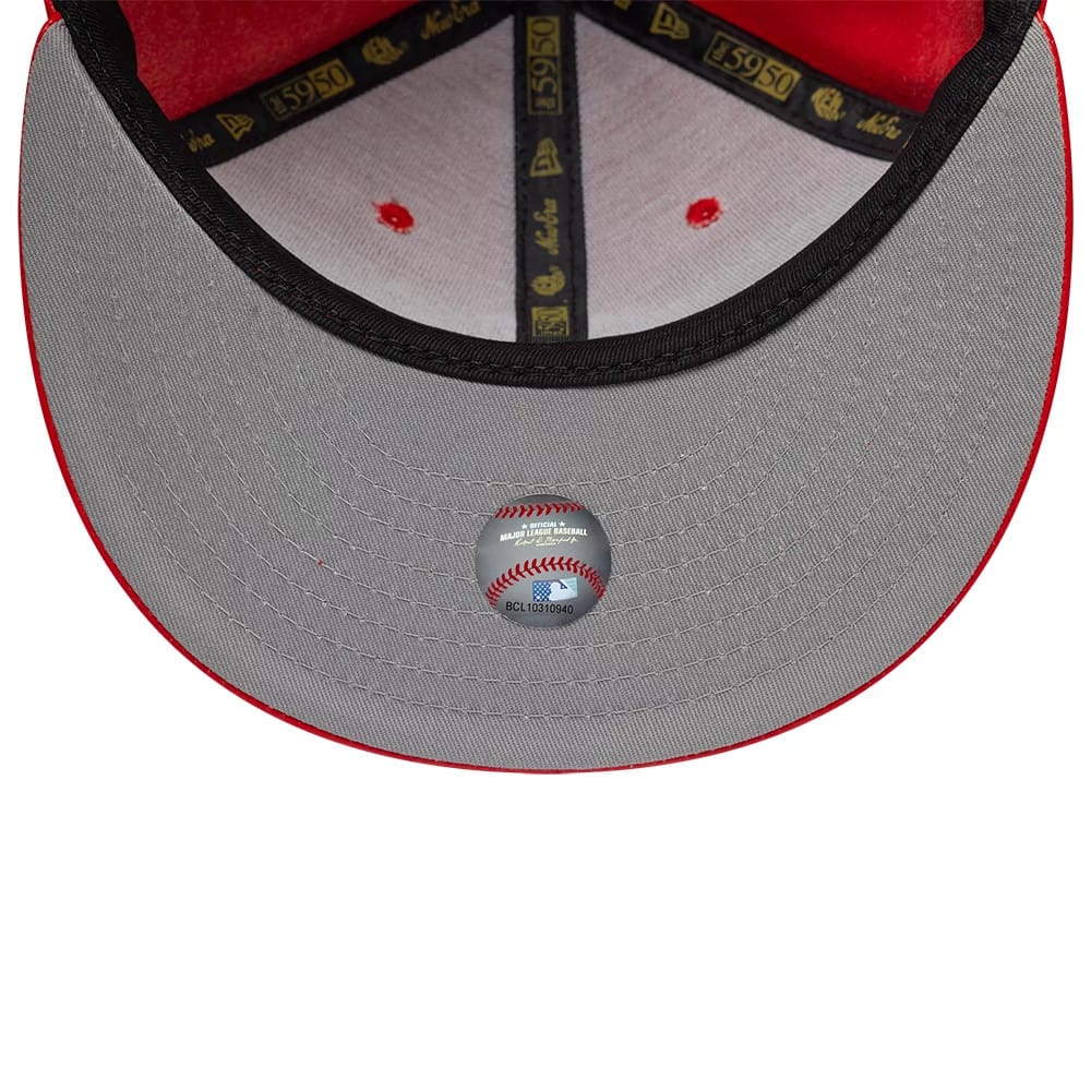 Pictured is this MLB Leather New York Yankees 59FIFTY Fitted cap in red. 2