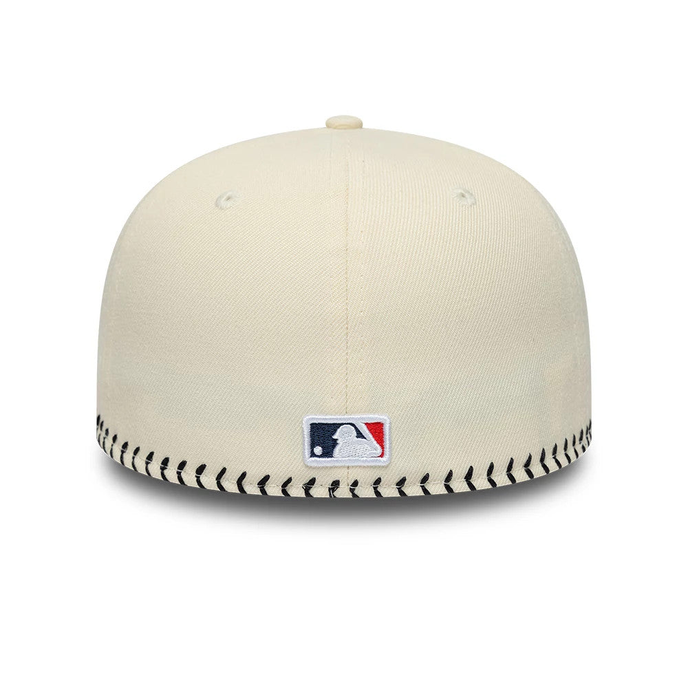 Chicago White Sox MLB Baseball Stitch Cream Retro Crown New Era 59FIFTY Fitted Cap, rear view showing the white embroidered MLB Batterman logo centred on the cream back panels, with black baseball stitch running along the lower edge.