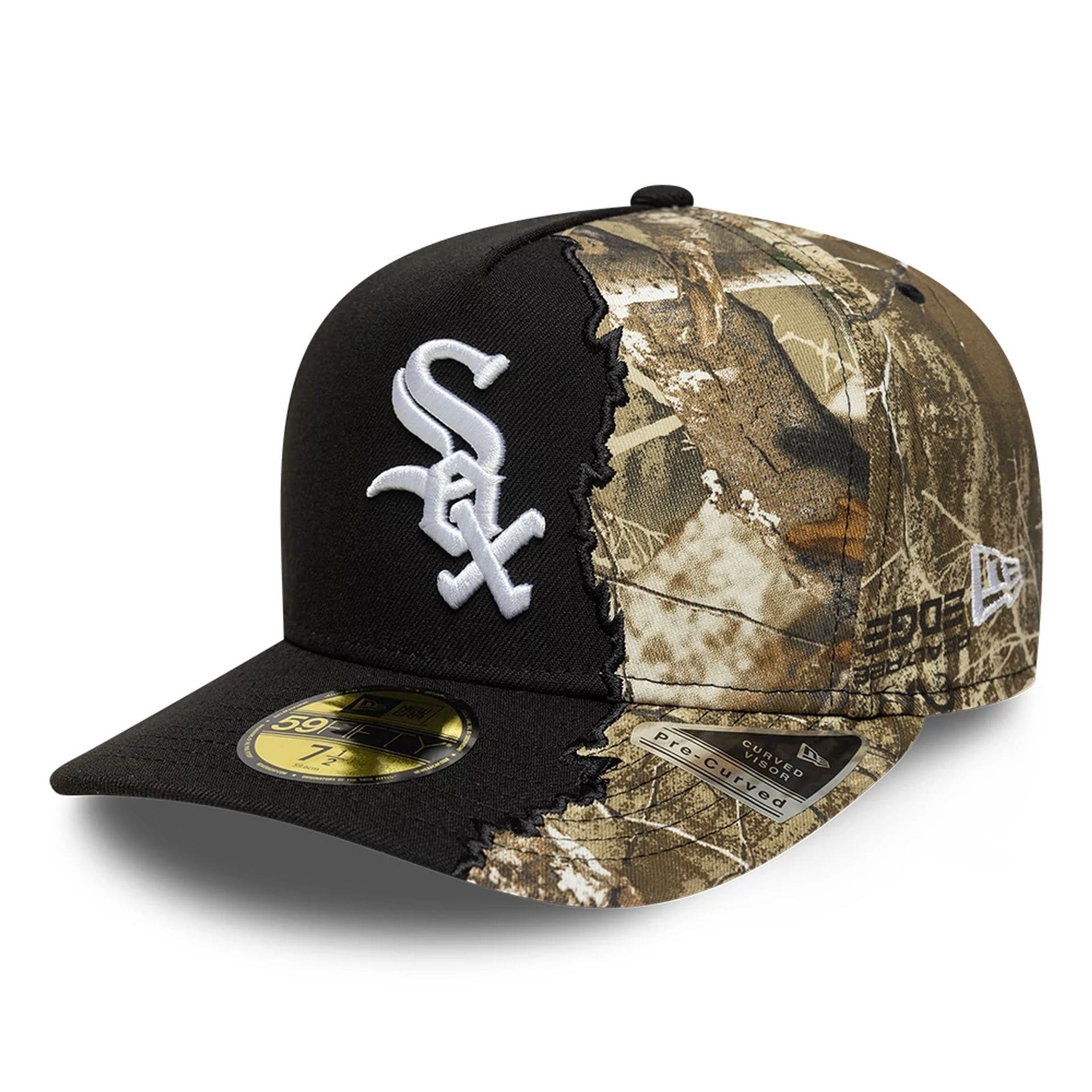 Pictured is this MLB Split Realtree Chicago White Sox 59FIFTY A-Frame Fitted cap in black. 1