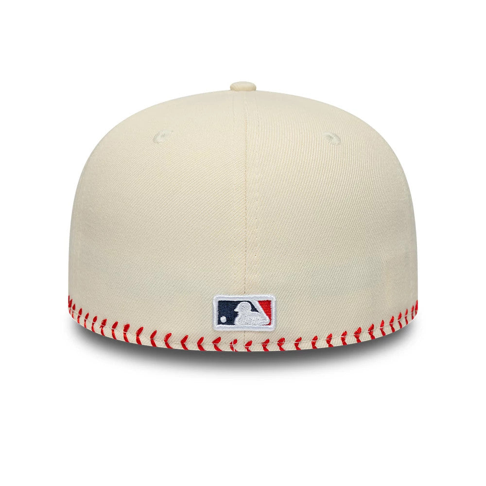 Atlanta Braves MLB Baseball Stitch Cream Retro Crown New Era 59FIFTY Fitted Cap, rear view showing the white embroidered MLB Batterman logo at the centre back, detailed with red baseball stitching around the bottom edge of the cream crown.