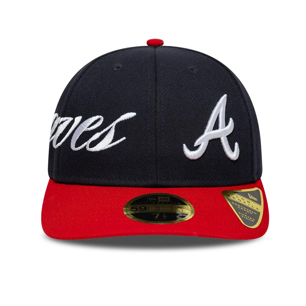 Atlanta Braves MLB Side Script Navy Low Profile New Era 59FIFTY Fitted Cap, front view showing raised white embroidered Braves script and A logo on the navy crown, with a red flat visor and a gold 59FIFTY size sticker.