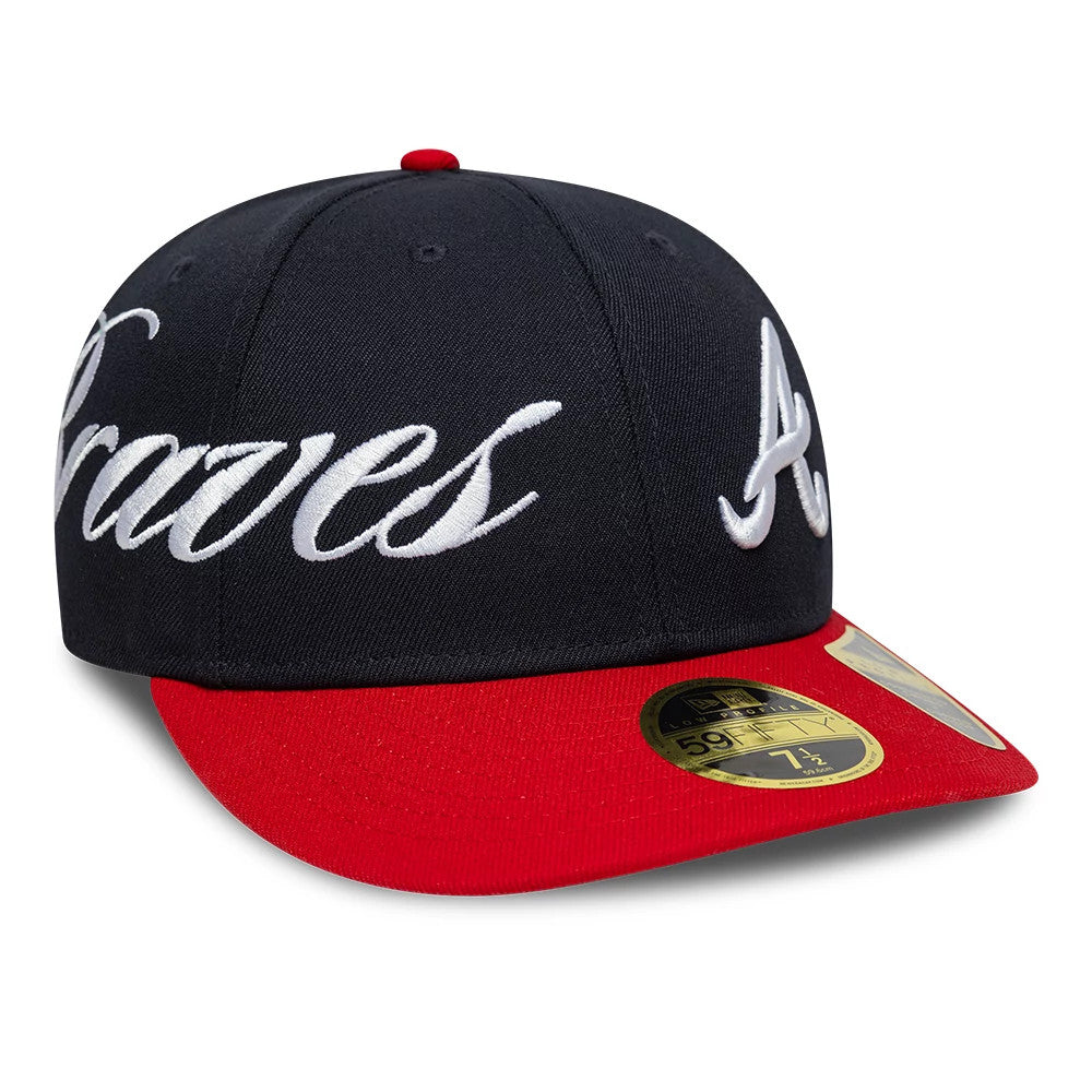 Atlanta Braves MLB Side Script Navy Low Profile New Era 59FIFTY Fitted Cap, three-quarter view showing raised white Braves script across the side panels, a red flat visor with a gold 59FIFTY size sticker, and a red top button.