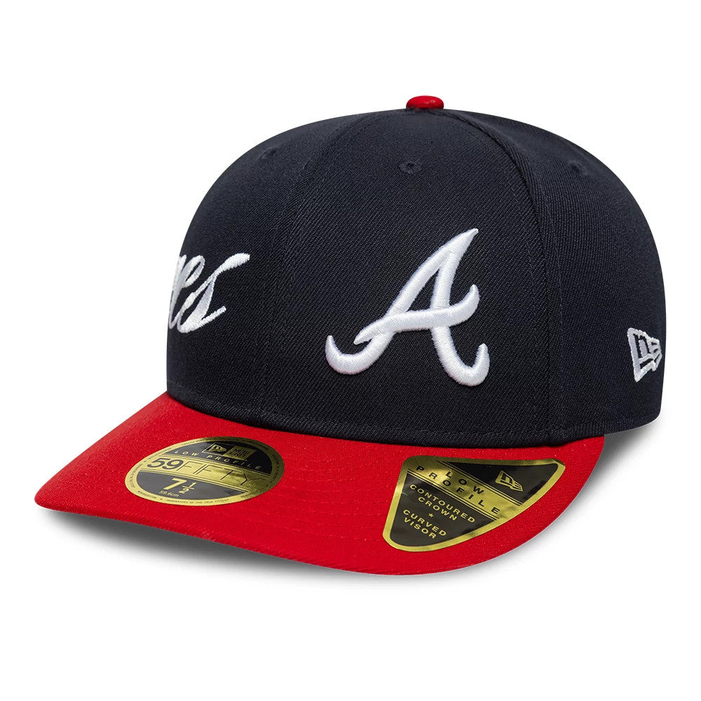 Atlanta Braves MLB Side Script Navy Low Profile New Era 59FIFTY Fitted Cap, front view showing the white A embroidered logo on the navy crown, the red curved visor with gold 59FIFTY size stickers, and New Era flag logo on the left side.