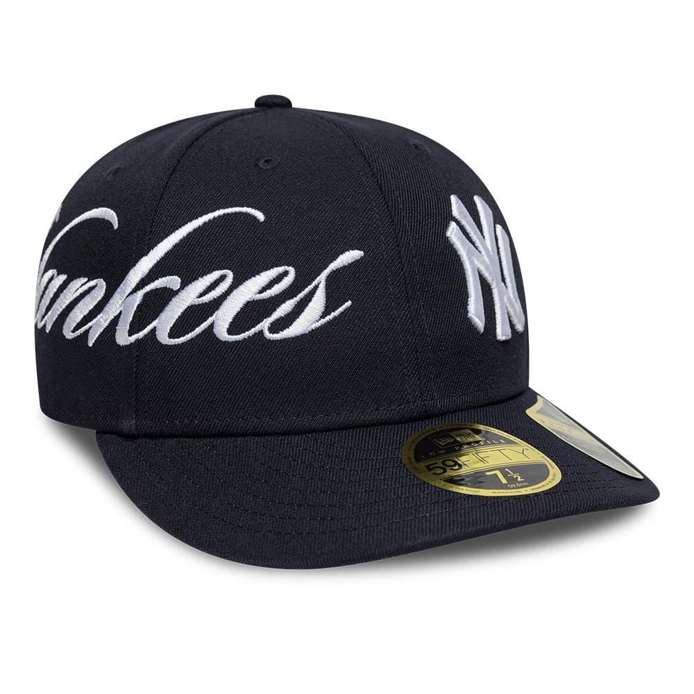 Pictured is this MLB Side Script New York Yankees Low Profile 59FIFTY Fitted cap in navy. 1