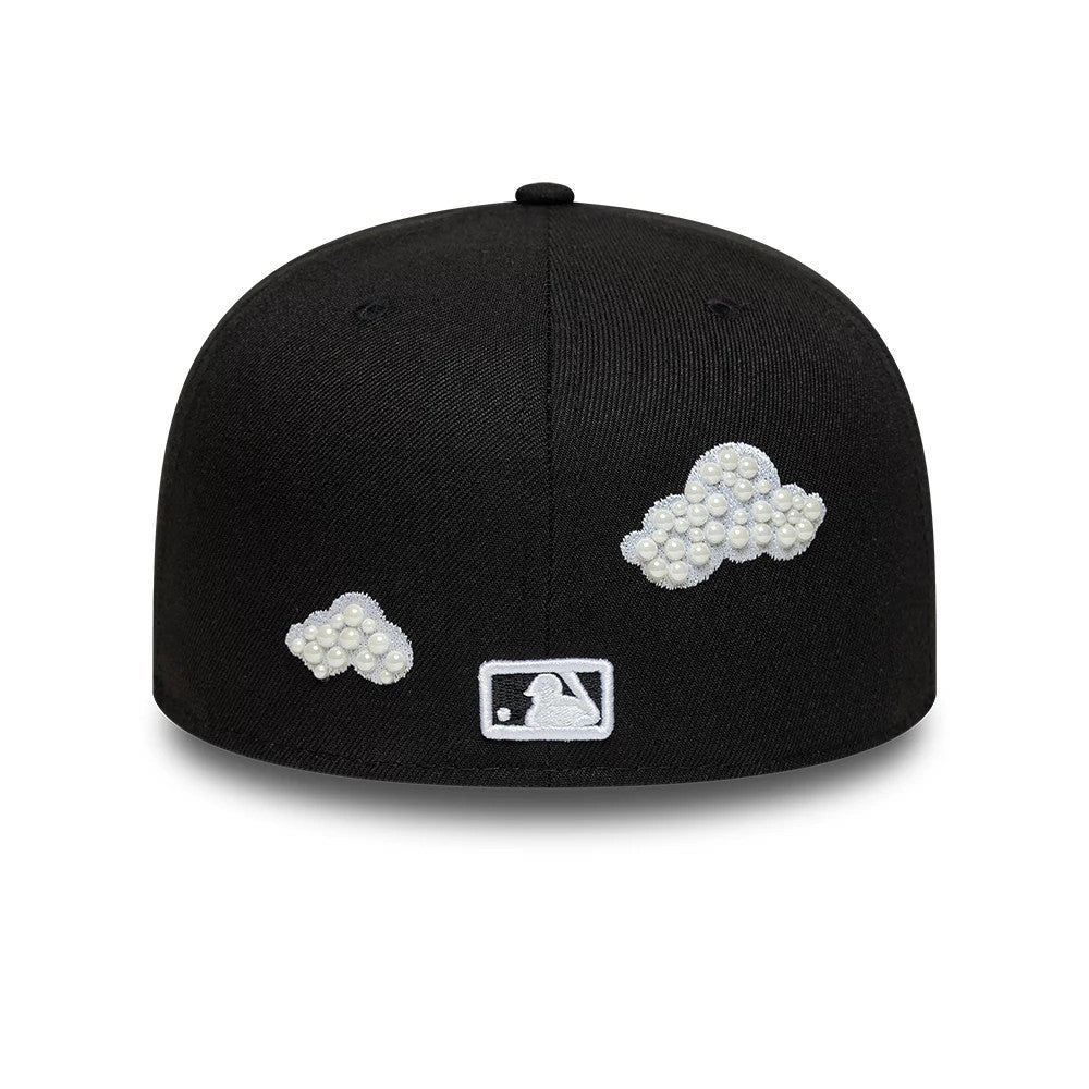 Chicago White Sox MLB Faux Pearl Cloud Black New Era 59FIFTY Fitted Cap, rear view showing the white embroidered MLB Batterman logo centred on the back panel, with two pearl-embellished cloud designs adorning the black structured crown.