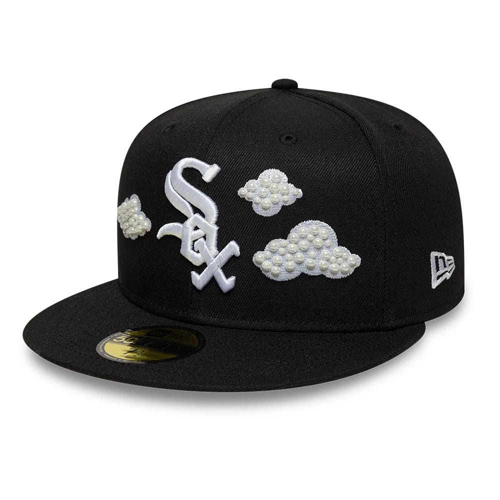 Pictured is this MLB Faux Pearl Chicago White Sox 59FIFTY Fitted cap in black. 1