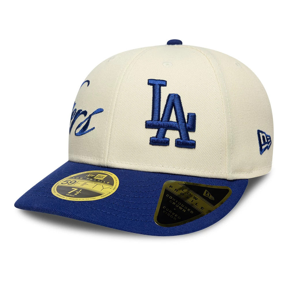 Pictured is this MLB Side Script LA Dodgers Low Profile 59FIFTY Fitted cap in Cream. 4